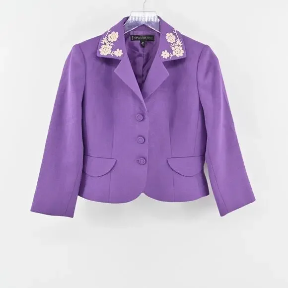 Vtg NIPON BOUTIQUE Skirt‎ Suit Set Sz 2P Purple Floral Embroidered Art Statement - Picture 2 of 16